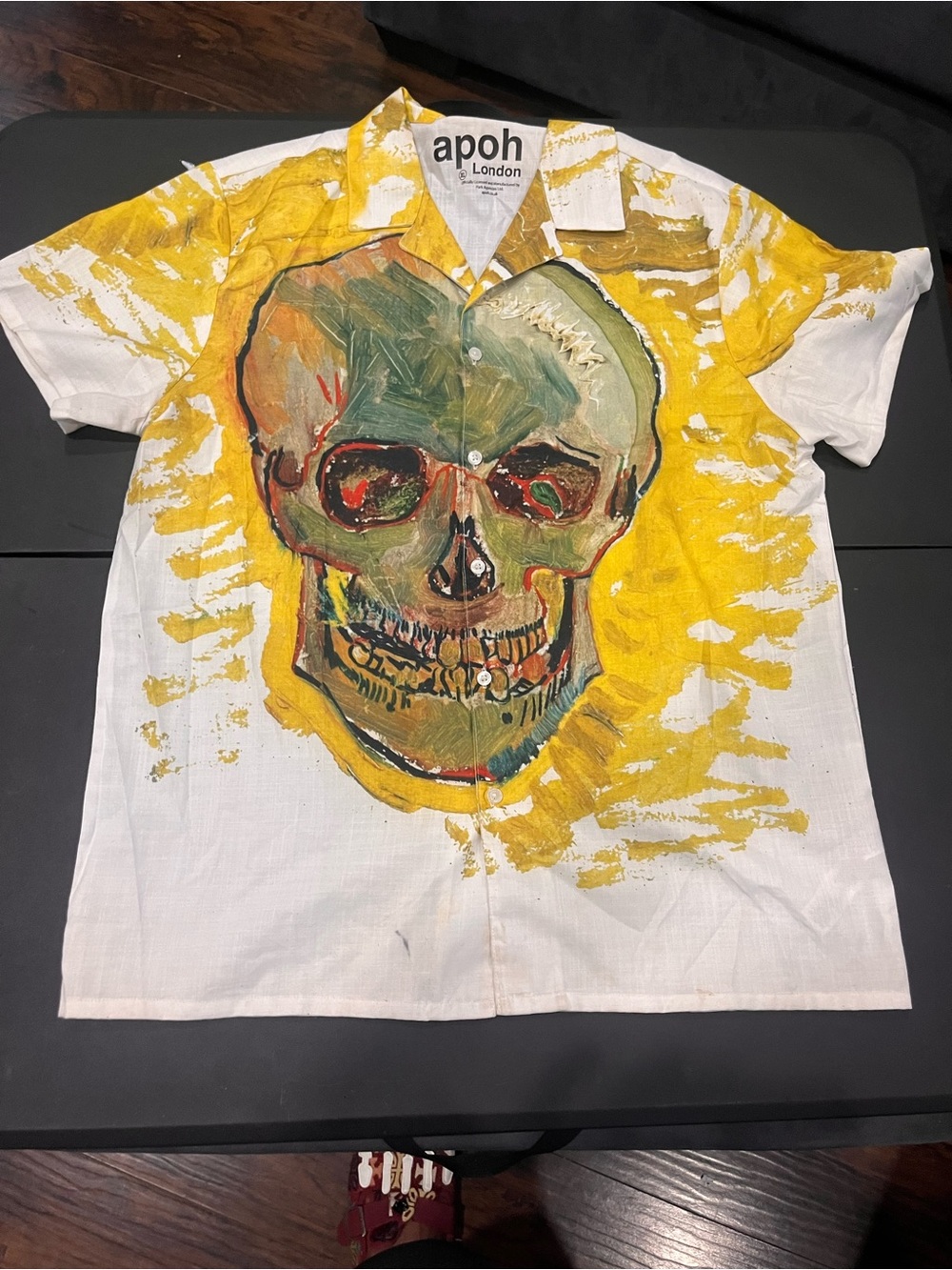 Men’s White Short-Sleeve Button-Down Shirt with Yellow Skull Artwork